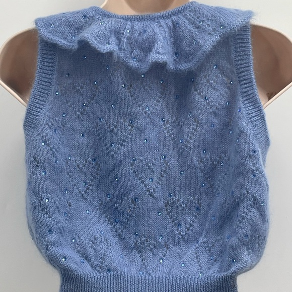 Alessandra Rich Crystal Embellished Ruffled-Neck Crop Knitted Sleeveless Sweater - Picture 9 of 16